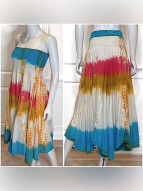 Baba Tie Dye Tiered Maxi Skirt Tube Top Dress Coverup Womens SZ S Gypsy Hippie
